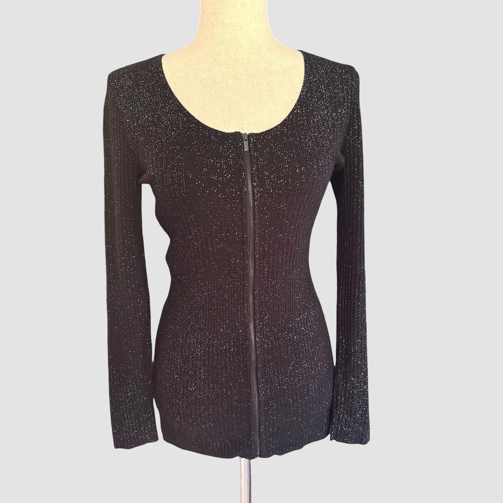 Cache Black Silver Metallic Ribbed Full Zip Cardigan Sweater Y2K S Layering VTG